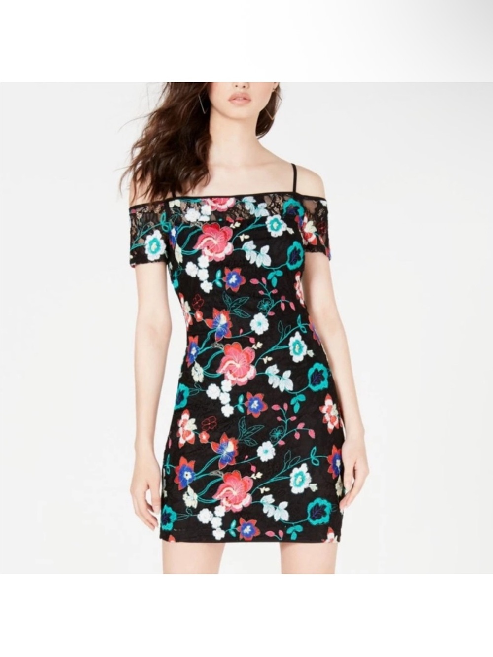 Guess Floral Off-Shoulder Black Dress with Multicolor Embroidery